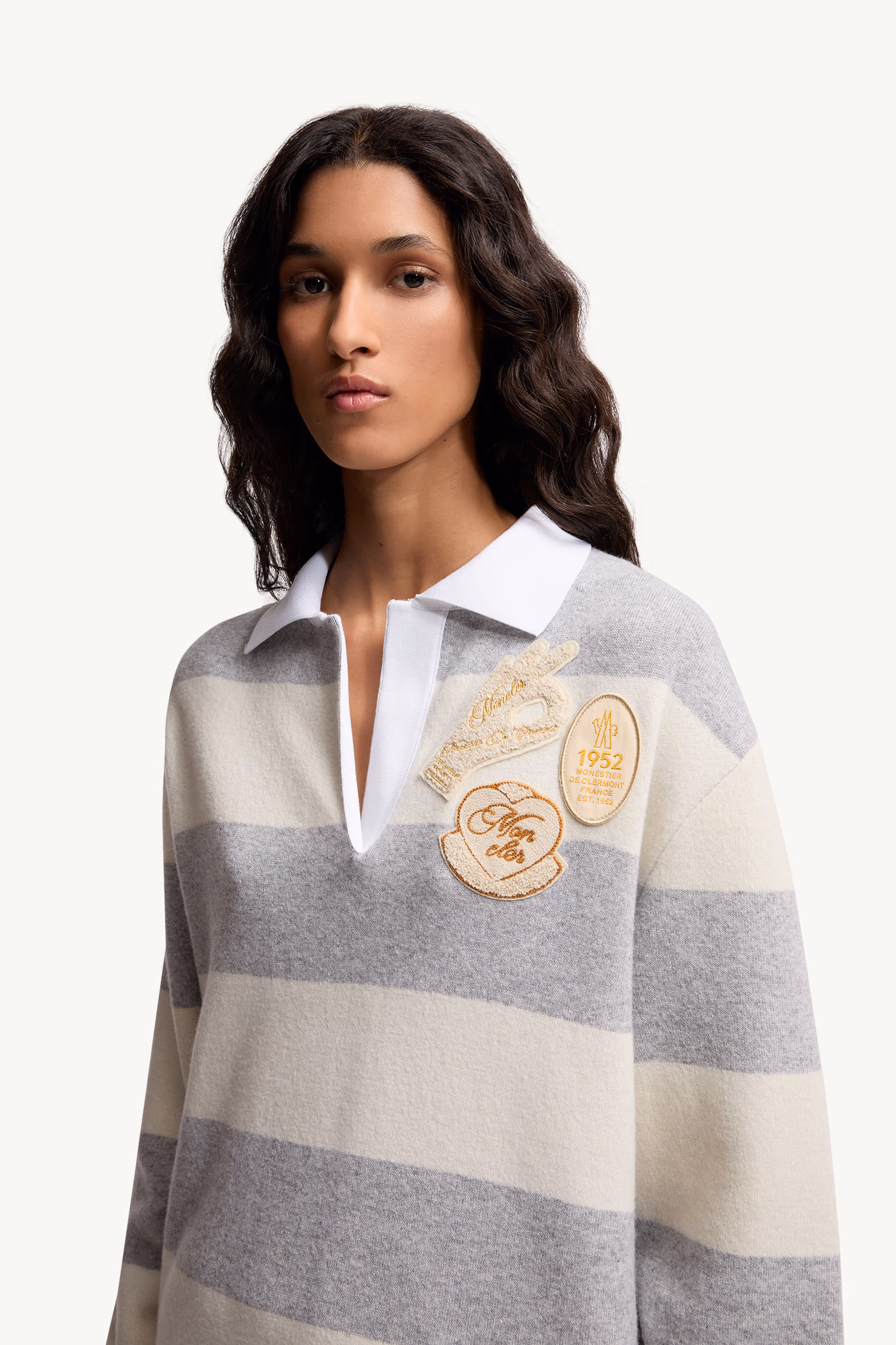 Striped Long Sleeve Wool Polo Shirt Women White & Grey Moncler 4